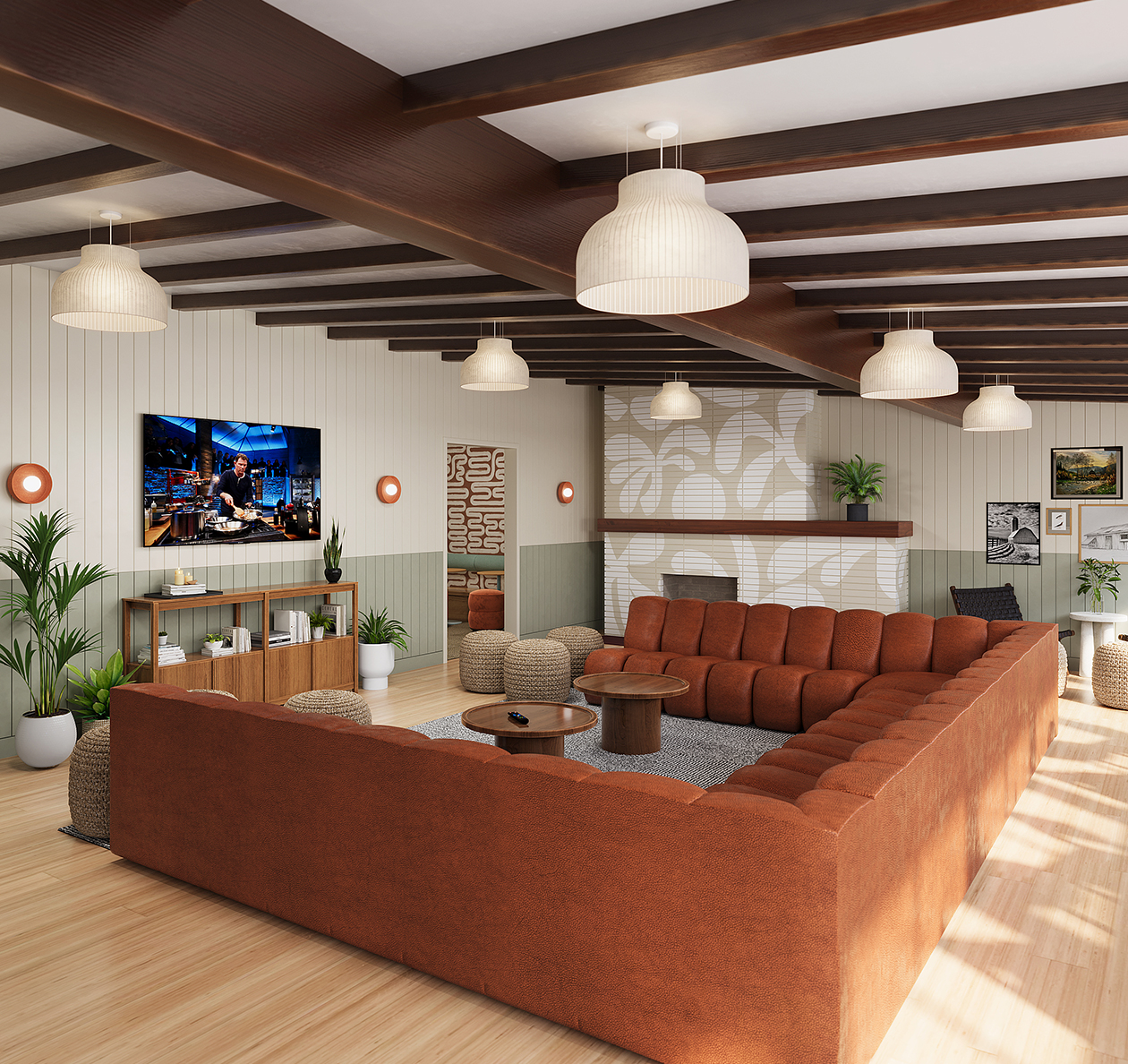 A community lounge area with an orange couch