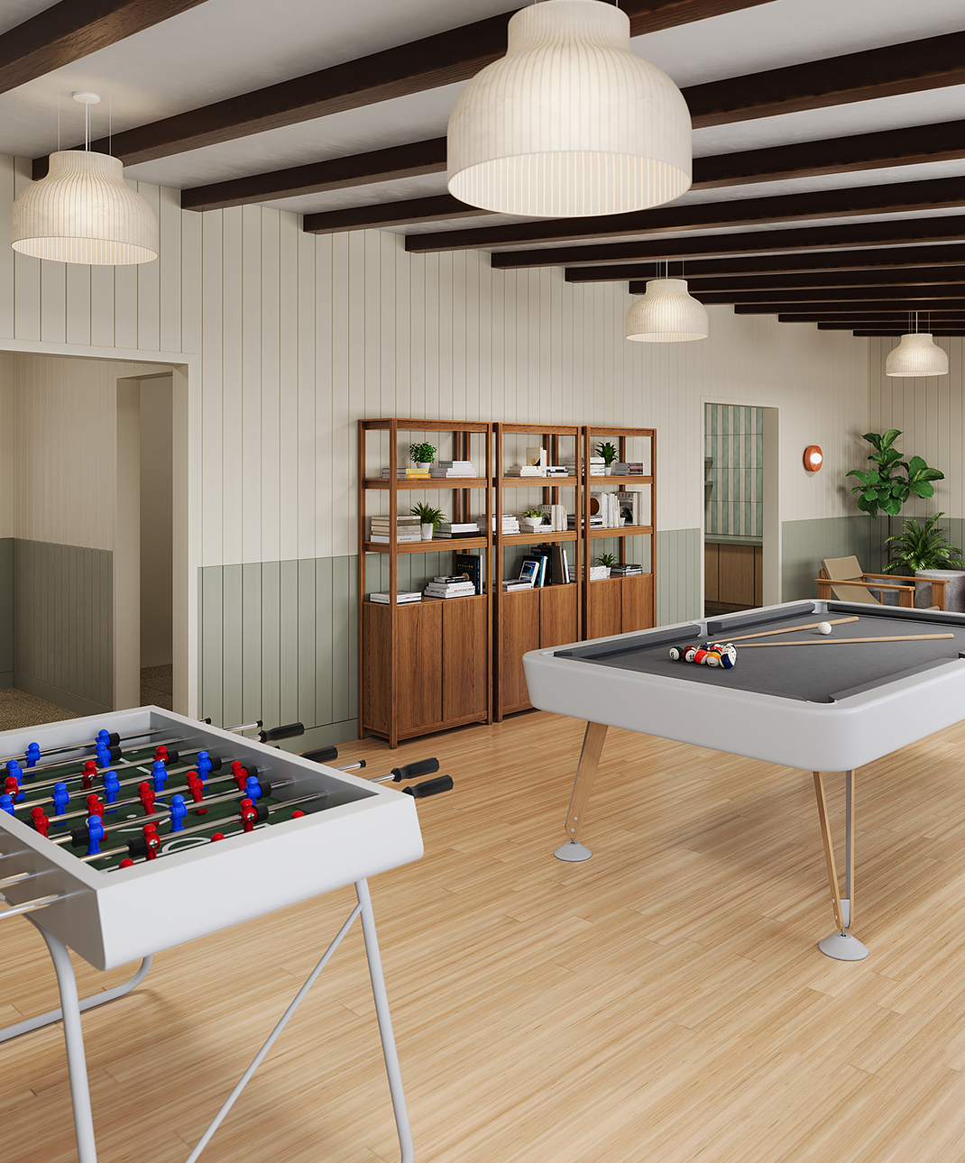 A foosball table and a pool table