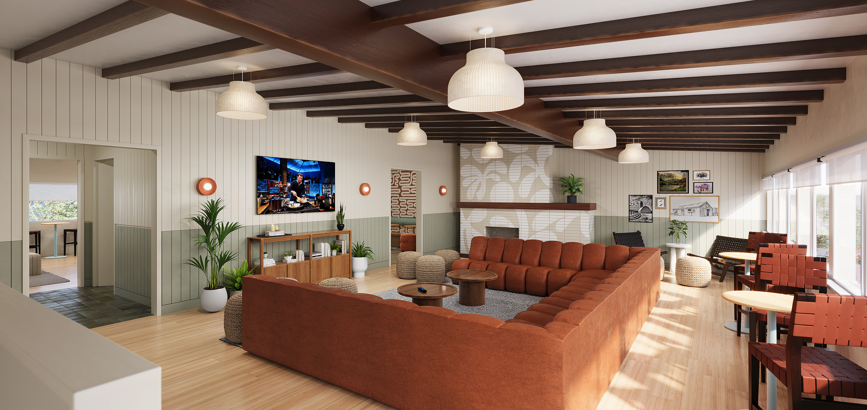 A community lounge area with an orange couch